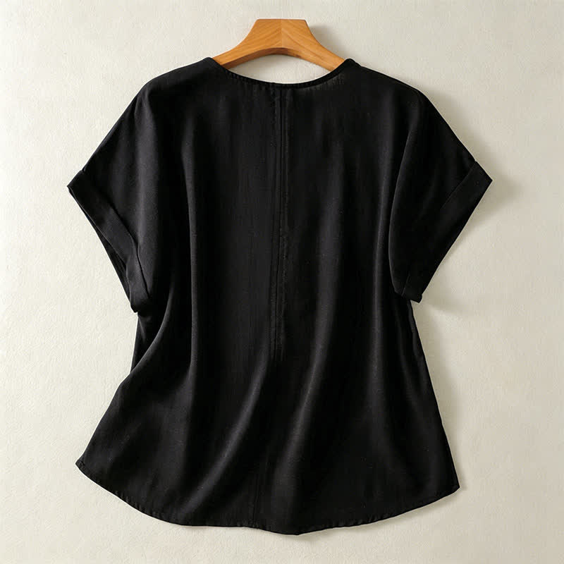 Buddha Stones Letnie, swobodne, minimalistyczne, damskie koszulki z krótkim rękawem i dekoltem w serek - Czarny - US8-10, UK/AU12-14, EU40-42 (2XL) - image 7