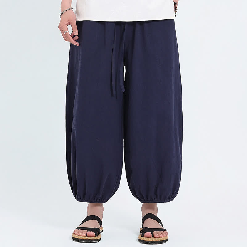 Buddha Stones Letnie spodnie haremowe męskie w stylu Tang, swobodne, ze ściągaczem i kieszeniami - MidnightBlue - US/UK/AU46， EU56 (5XL) - image 0