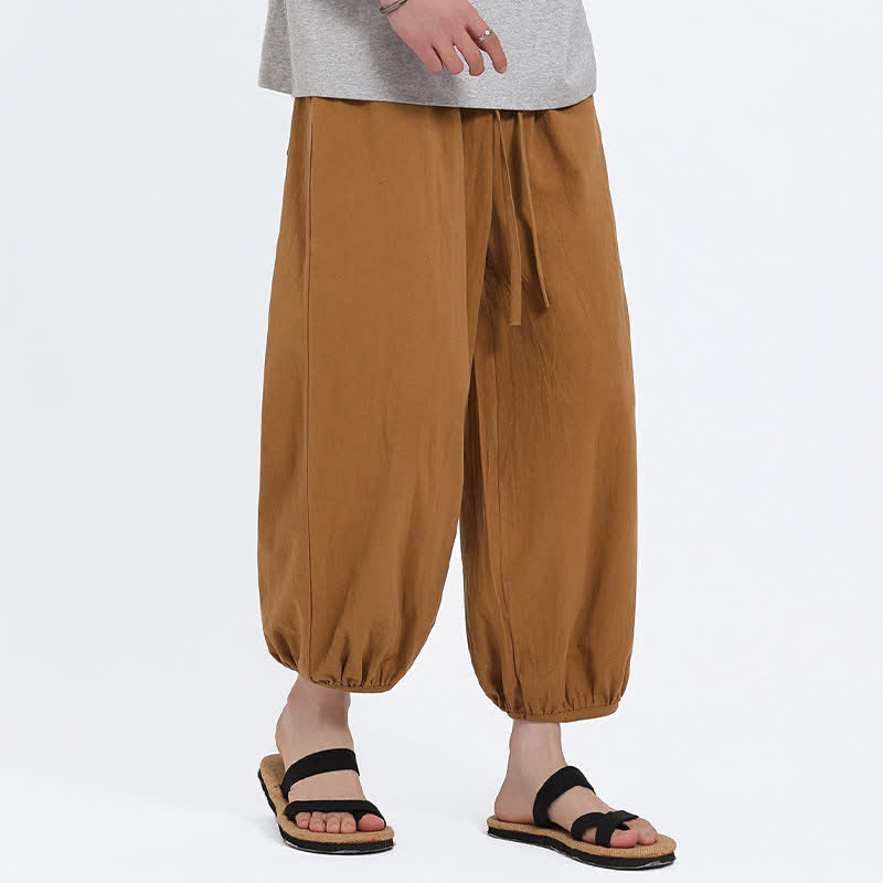Buddha Stones Letnie spodnie haremowe męskie w stylu Tang, swobodne, ze ściągaczem i kieszeniami - image 18