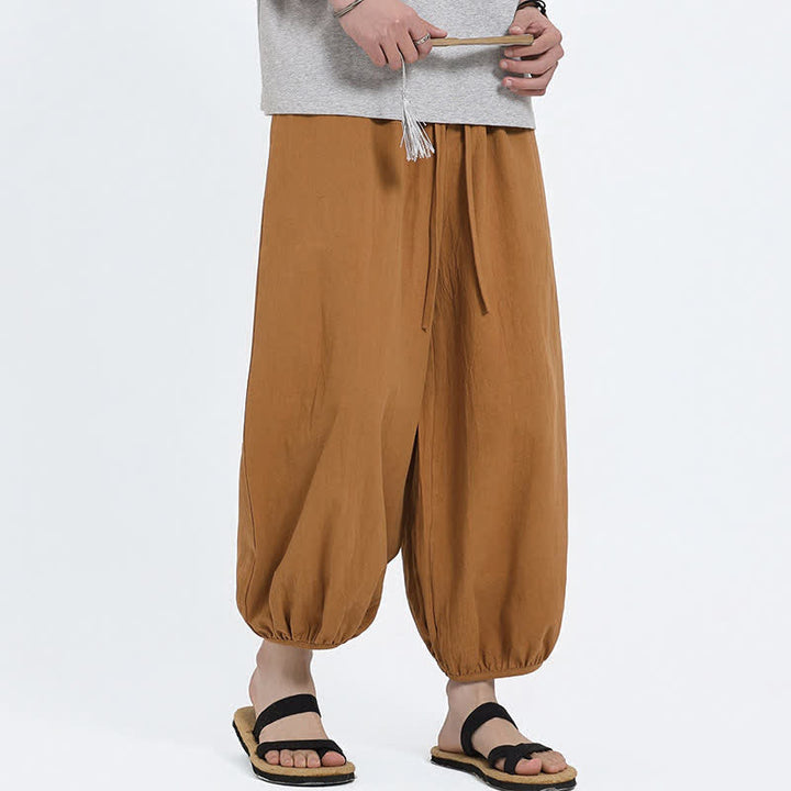Buddha Stones Letnie spodnie haremowe męskie w stylu Tang, swobodne, ze ściągaczem i kieszeniami - image 16