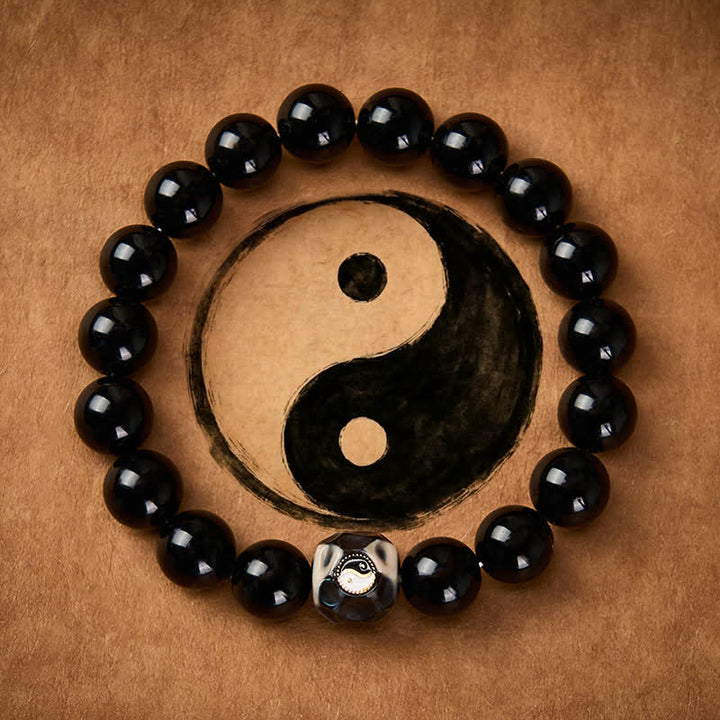 Buddha Stones Bransoletka z okrągłych koralików z agatu tybetańskiego Yin Yang Wealth - Yin Yang (Równowaga ♥ Harmonia) - image 0