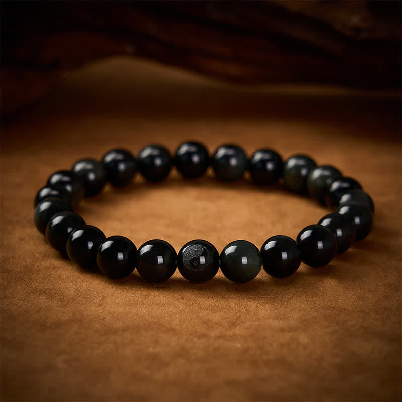 Buddha Stones Bransoletka z okrągłych koralików z tęczowego obsydianu Yin Yang - Obsydian tęczowy (zmienia kolor pod wpływem światła) - 8 mm - image 0