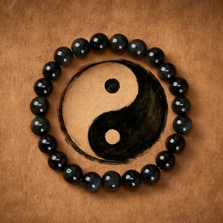 Buddha Stones Bransoletka z okrągłych koralików z tęczowego obsydianu Yin Yang - image 1
