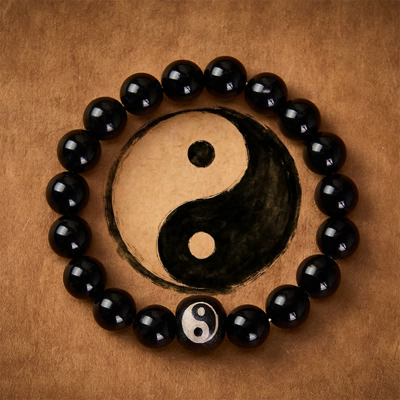 Buddha Stones Bransoletka ochronna z koralików Yin Yang z czarnego obsydianu i onyksu tybetańskiego - Czarny obsydian (oczyszczanie ♥ siła) - image 0