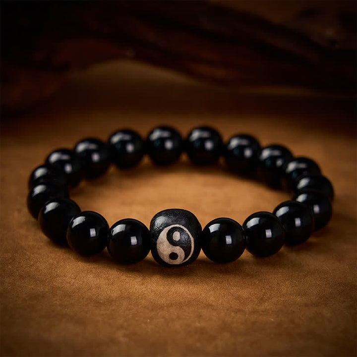 Buddha Stones Bransoletka ochronna z koralików Yin Yang z czarnego obsydianu i onyksu tybetańskiego - image 2