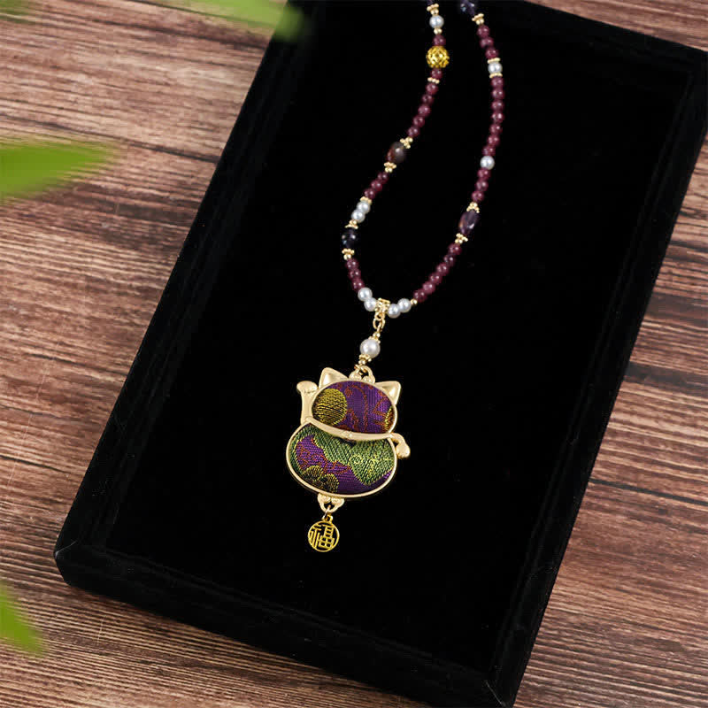 Buddha Stones Naszyjnik z brokatowej tkaniny z motywem szczęśliwego przywoływania kota Fu - Naszyjnik dla kota (ten sam odcień koloru – wzór może się różnić) - image 0