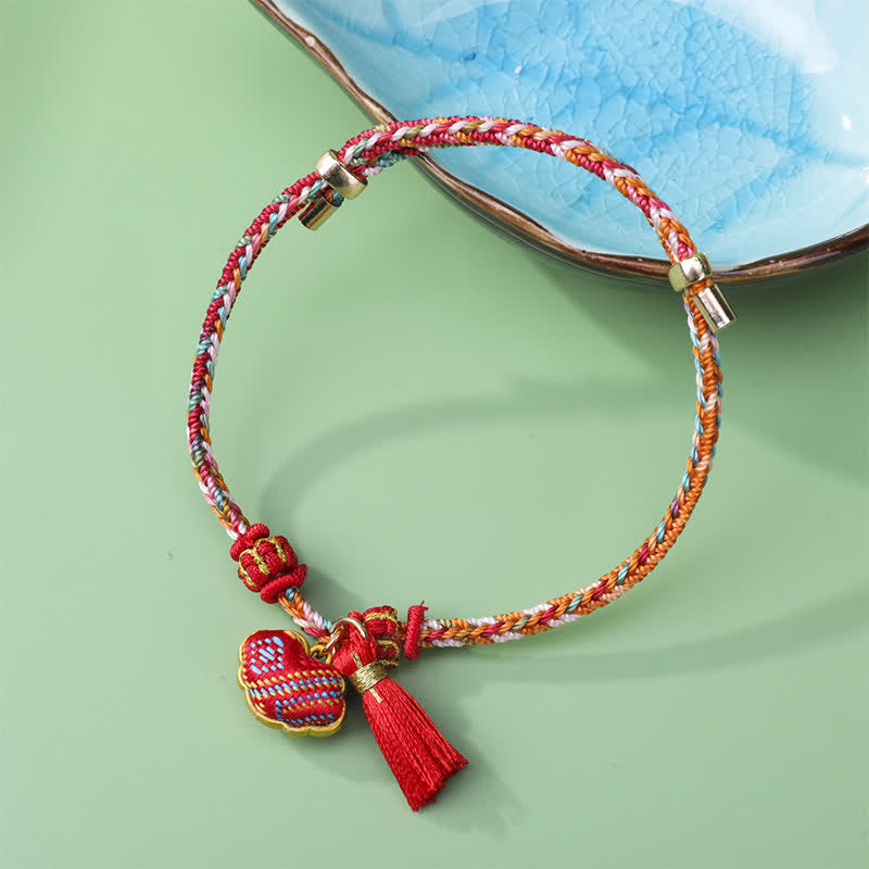 Buddha Stones Bransoletka z pięciokolorowego plecionego sznurka Song Brocade Ruyi Scepter Tassel Luck - Czerwony (ten sam odcień koloru – wzór może się różnić) - image 0