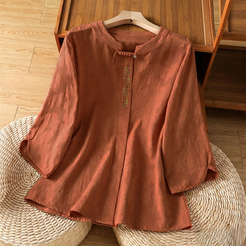 Buddha Stones Letnie koszule damskie w stylu boho tang z haftem i ściągaczem, z krótkim rękawem - Peru - US12, UK/AU16, EU44 (3XL) - image 14