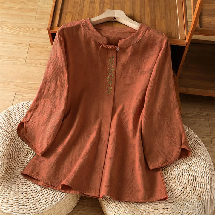 Buddha Stones Letnie koszule damskie w stylu boho tang z haftem i ściągaczem, z krótkim rękawem - Peru - US12, UK/AU16, EU44 (3XL) - image 14