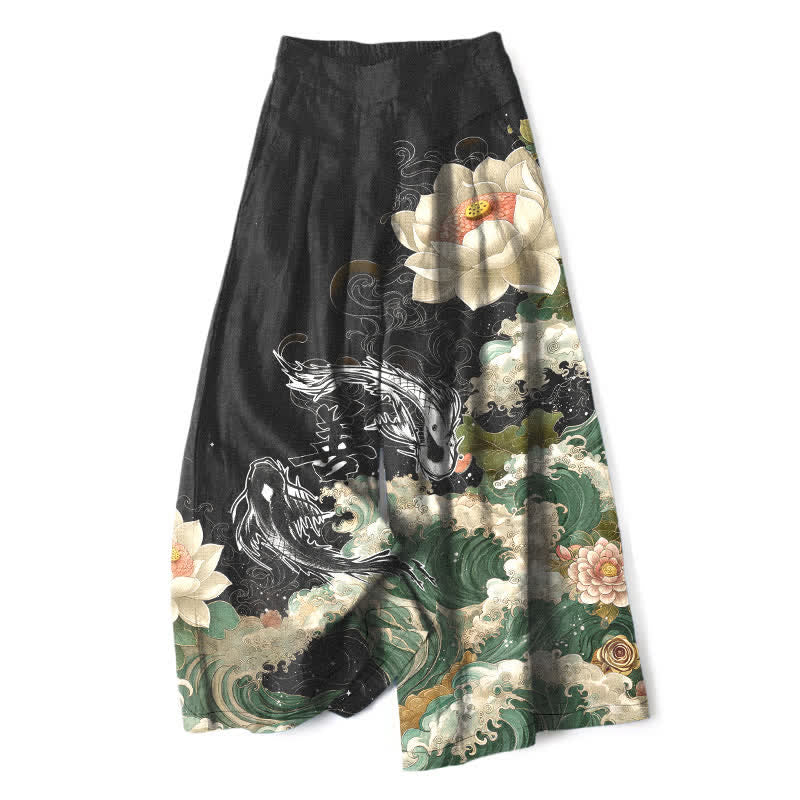 Buddha Stones Spodnie damskie z szerokimi nogawkami i elastyczną talią i kieszeniami, wzór Lotus Koi Wave, z bawełny i lnu - Czarny - US16, UK/AU20, EU48 (3XL) - image 0