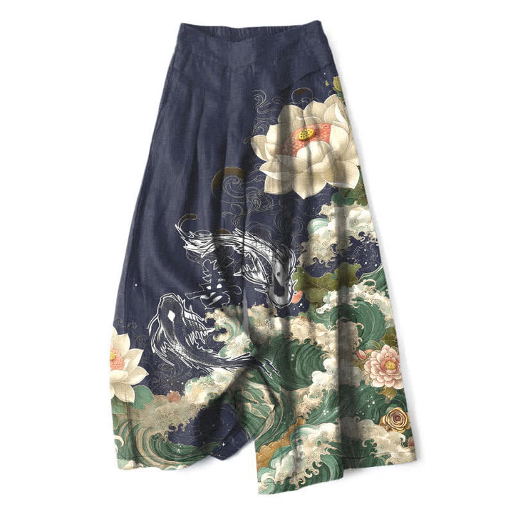 Buddha Stones Spodnie damskie z szerokimi nogawkami i elastyczną talią i kieszeniami, wzór Lotus Koi Wave, z bawełny i lnu - Marynarka wojenna - US16, UK/AU20, EU48 (3XL) - image 5