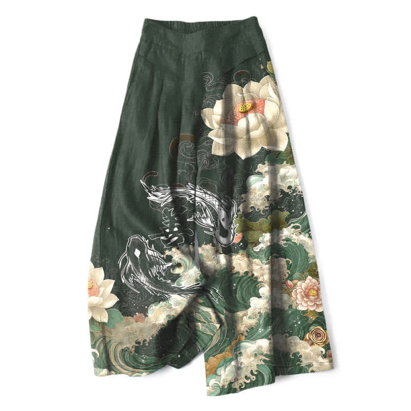 Buddha Stones Spodnie damskie z szerokimi nogawkami i elastyczną talią i kieszeniami, wzór Lotus Koi Wave, z bawełny i lnu - Ciemnozielony - US16, UK/AU20, EU48 (3XL) - image 7