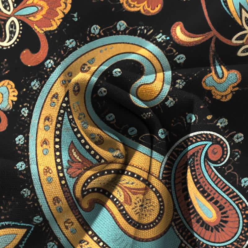 Buddha Stones Spodnie damskie z szerokimi nogawkami i elastyczną talią, z szerokimi nogawkami i kieszeniami, z bawełny i lnu, w stylu boho, z kwiatowym wzorem paisley - image 4
