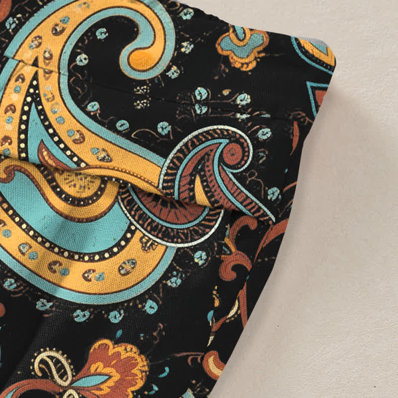 Buddha Stones Spodnie damskie z szerokimi nogawkami i elastyczną talią, z szerokimi nogawkami i kieszeniami, z bawełny i lnu, w stylu boho, z kwiatowym wzorem paisley - image 3