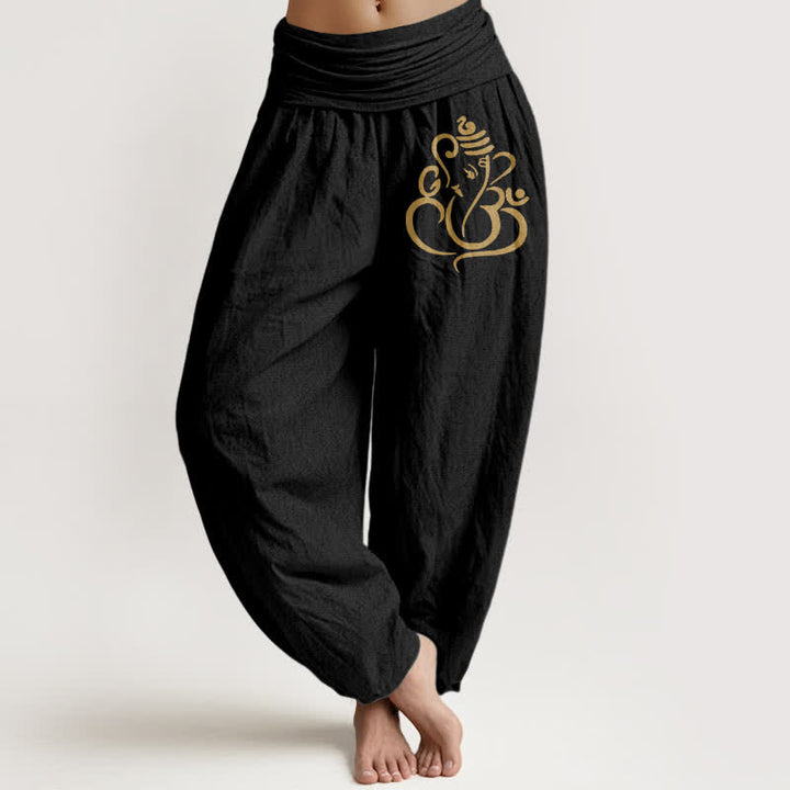 Buddha Stones Spodnie haremki damskie z elastycznej talii z czystej bawełny w złoty wzór Ganesha - Czarny - US16, UK/AU20, EU48 (3XL) - image 0