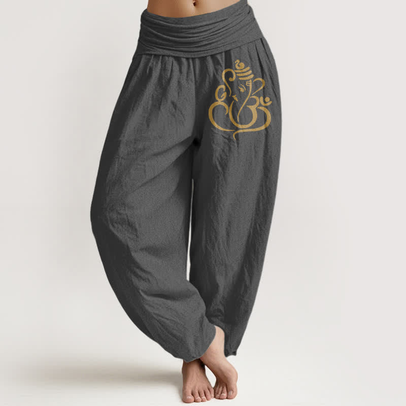 Buddha Stones Spodnie haremki damskie z elastycznej talii z czystej bawełny w złoty wzór Ganesha - DimGray - US16, UK/AU20, EU48 (3XL) - image 8