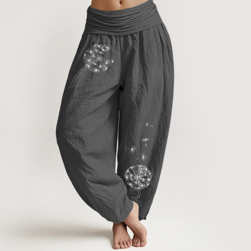 Buddha Stones Spodnie damskie typu harem z elastycznej talii z czystej bawełny z wzorem nasion mniszka lekarskiego - DimGray - US16, UK/AU20, EU48 (3XL) - image 8