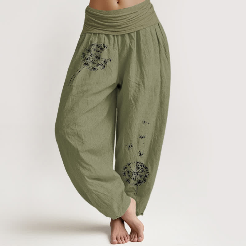 Buddha Stones Spodnie damskie typu harem z elastycznej talii z czystej bawełny z wzorem nasion mniszka lekarskiego - Oliwkowy - US16, UK/AU20, EU48 (3XL) - image 11