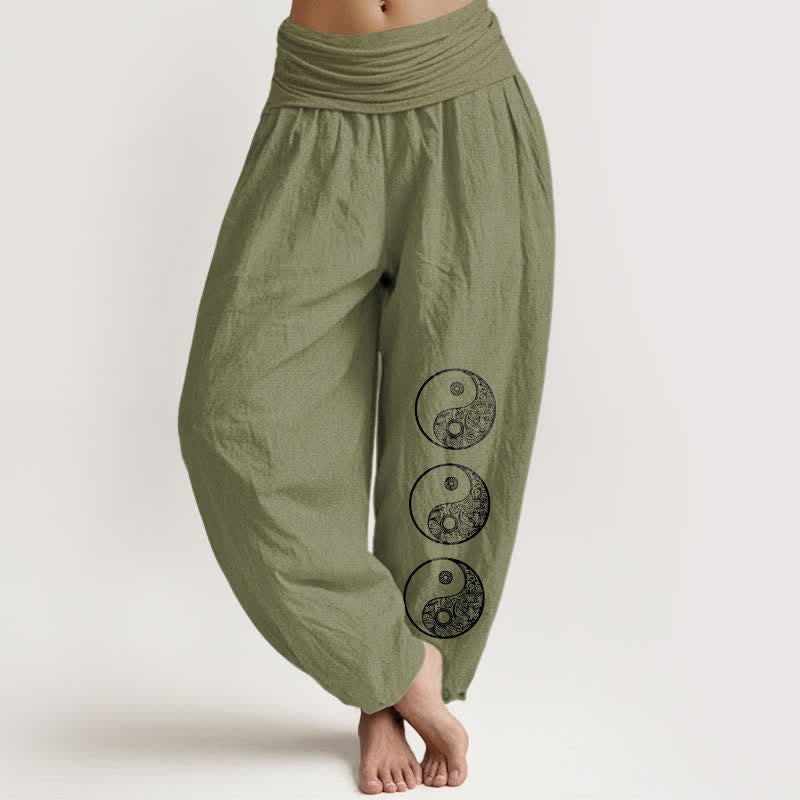 Buddha Stones Spodnie haremowe damskie z czystej bawełny z wzorem Yin Yang i elastyczną talią - Oliwkowy - US16, UK/AU20, EU48 (3XL) - image 11