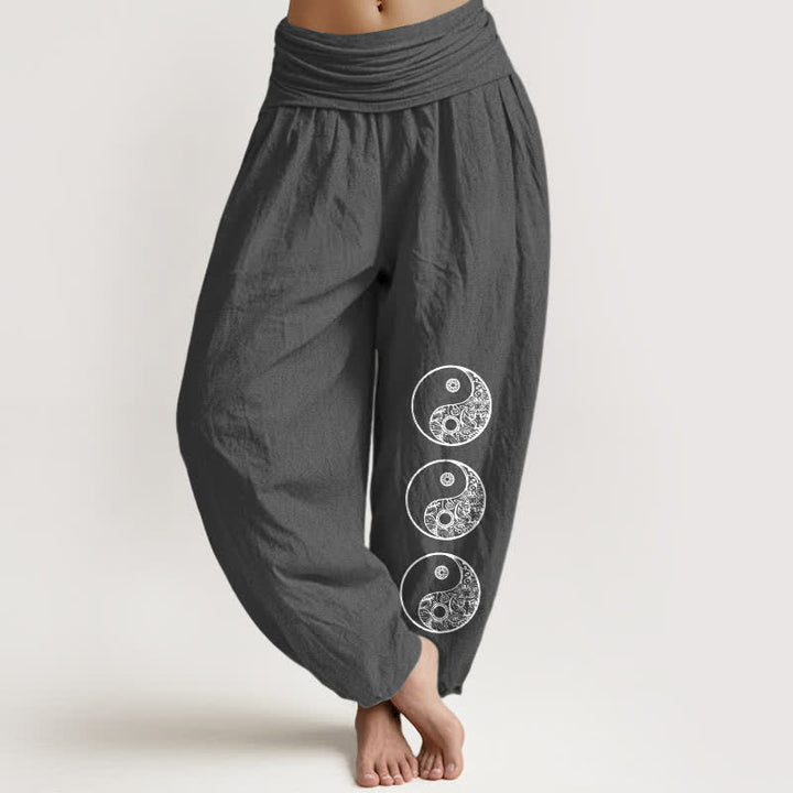 Buddha Stones Spodnie haremowe damskie z czystej bawełny z wzorem Yin Yang i elastyczną talią - DimGray - US16, UK/AU20, EU48 (3XL) - image 0