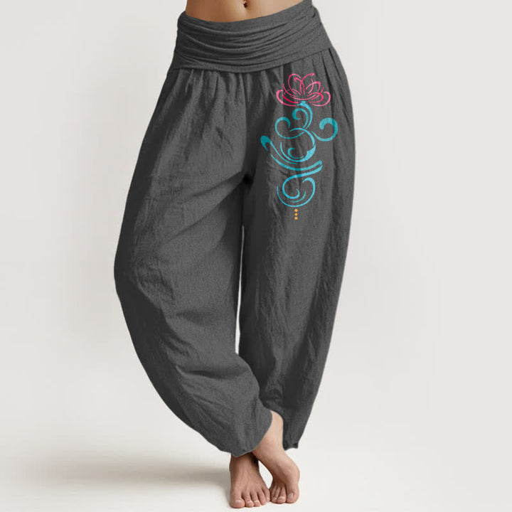 Buddha Stones Spodnie damskie typu harem z elastycznej talii z wzorem lotosu z czystej bawełny - DimGray - US16, UK/AU20, EU48 (3XL) - image 8
