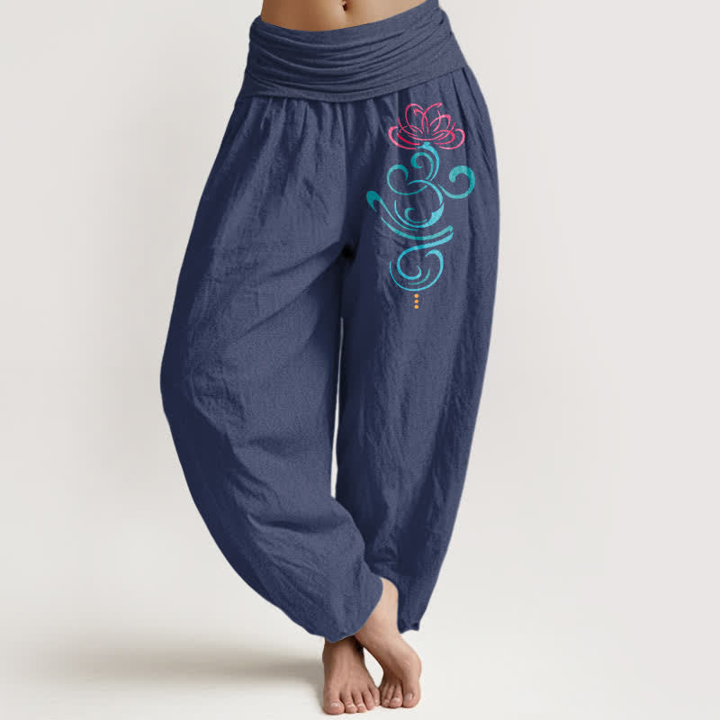 Buddha Stones Spodnie damskie typu harem z elastycznej talii z wzorem lotosu z czystej bawełny - DarkSlateBlue - US16, UK/AU20, EU48 (3XL) - image 5