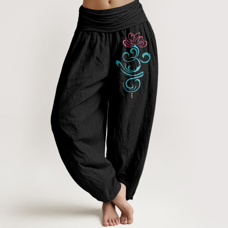 Buddha Stones Spodnie damskie typu harem z elastycznej talii z wzorem lotosu z czystej bawełny - Czarny - US16, UK/AU20, EU48 (3XL) - image 0