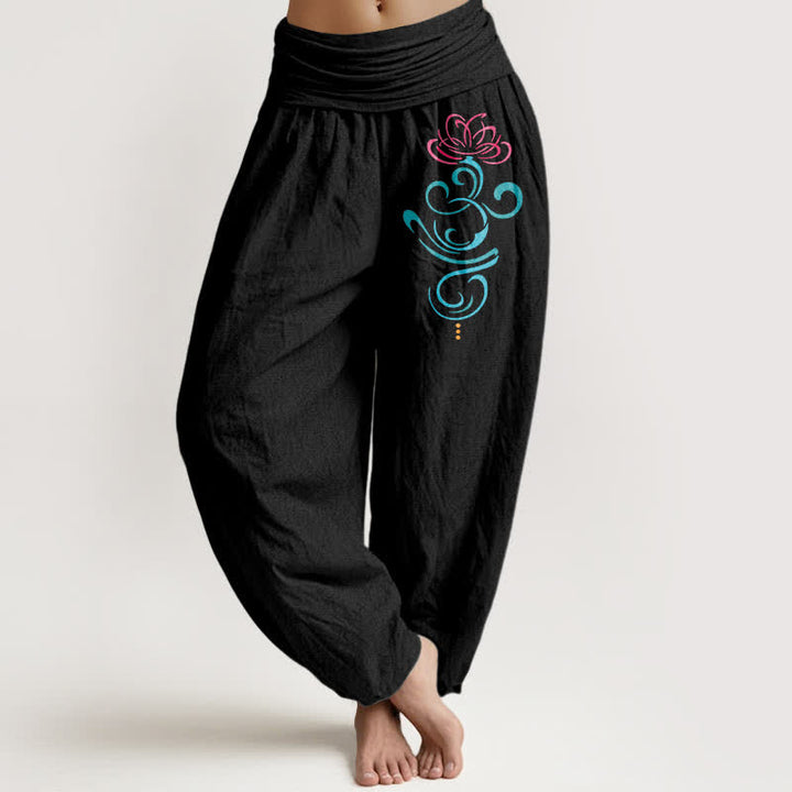 Buddha Stones Spodnie damskie typu harem z elastycznej talii z wzorem lotosu z czystej bawełny - Czarny - US16, UK/AU20, EU48 (3XL) - image 0