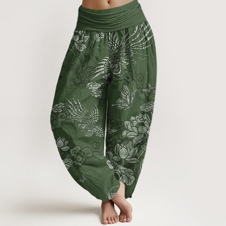 Buddha Stones Spodnie damskie haremowe z bawełny z nadrukiem w ptaki lotosu i elastyczną talią - ForestGreen - US16, UK/AU20, EU48 (3XL) - image 0