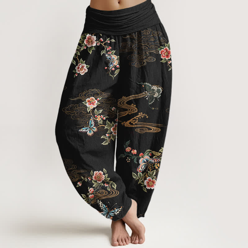 Buddha Stones Spodnie damskie haremki z elastycznej talii z motywem kwiatowym i motylami z czystej bawełny - Czarny - US16, UK/AU20, EU48 (3XL) - image 0