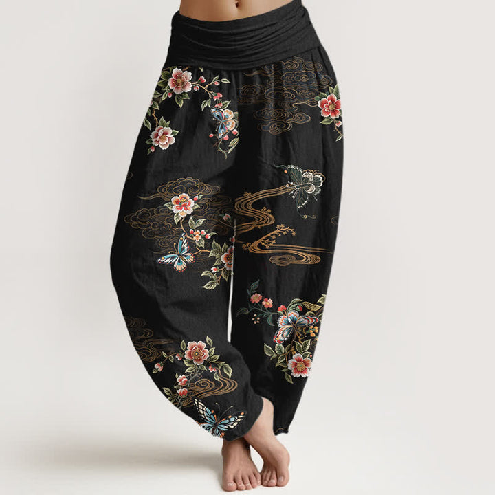Buddha Stones Spodnie damskie haremki z elastycznej talii z motywem kwiatowym i motylami z czystej bawełny - Czarny - US16, UK/AU20, EU48 (3XL) - image 0