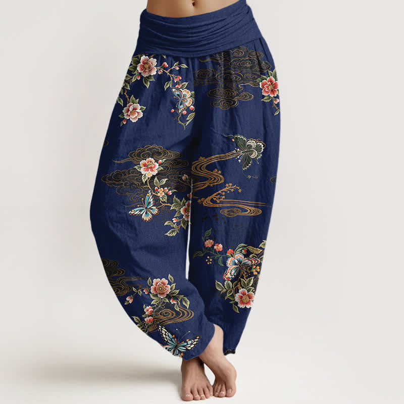 Buddha Stones Spodnie damskie haremki z elastycznej talii z motywem kwiatowym i motylami z czystej bawełny - Marynarka wojenna - US16, UK/AU20, EU48 (3XL) - image 5