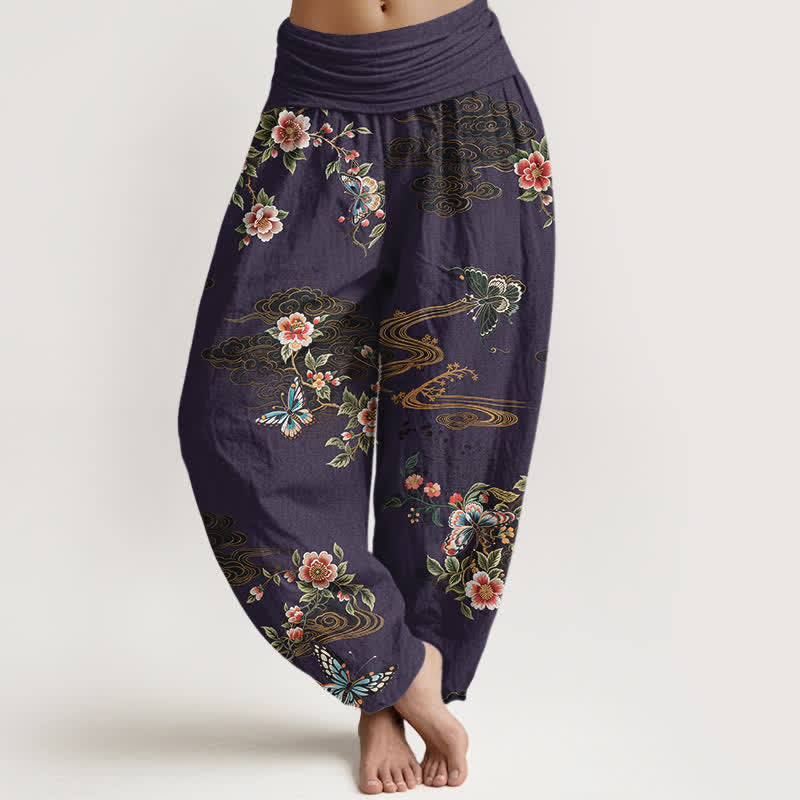 Buddha Stones Spodnie damskie haremki z elastycznej talii z motywem kwiatowym i motylami z czystej bawełny - Indygo - US16, UK/AU20, EU48 (3XL) - image 8