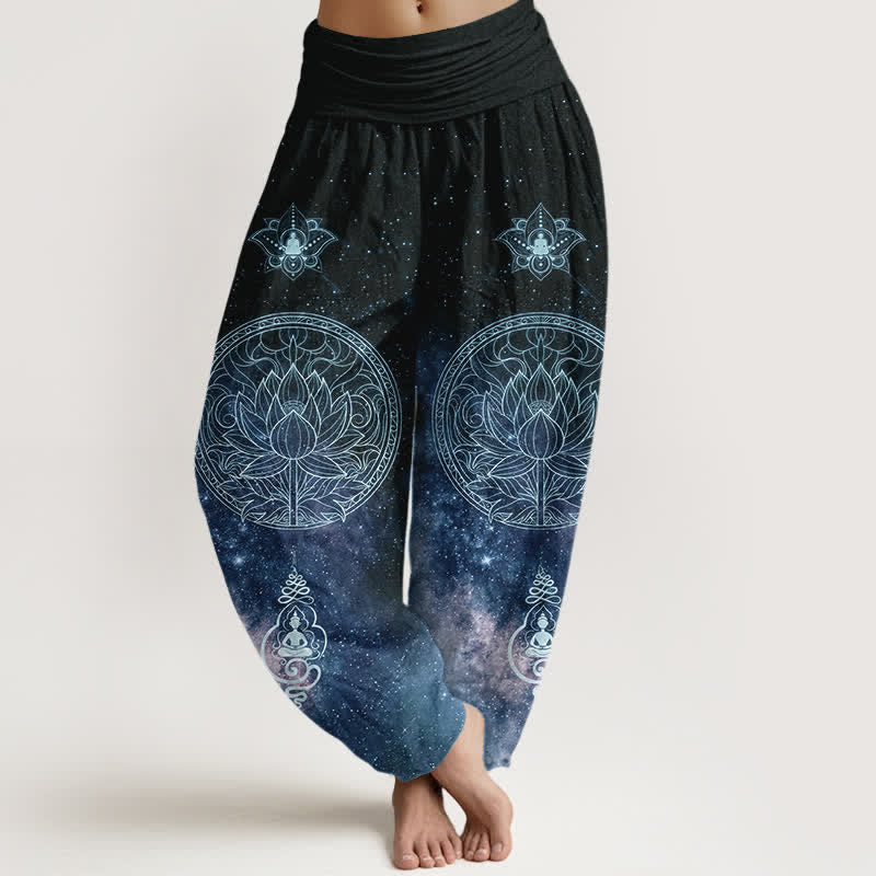 Buddha Stones Bawełniane spodnie haremki damskie z elastyczną talią i wzorem w mandalę Celestial Lotus - MidnightBlue - US16, UK/AU20, EU48 (3XL) - image 0
