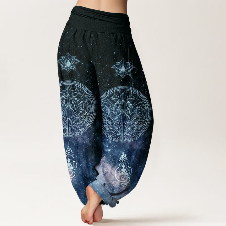 Buddha Stones Bawełniane spodnie haremki damskie z elastyczną talią i wzorem w mandalę Celestial Lotus - image 1