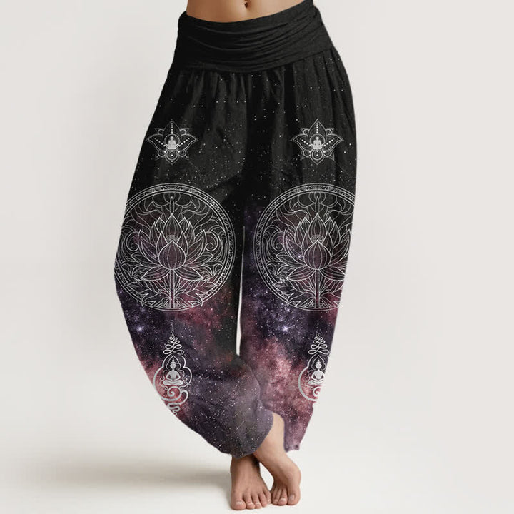 Buddha Stones Bawełniane spodnie haremki damskie z elastyczną talią i wzorem w mandalę Celestial Lotus - Śliwka - US16, UK/AU20, EU48 (3XL) - image 5