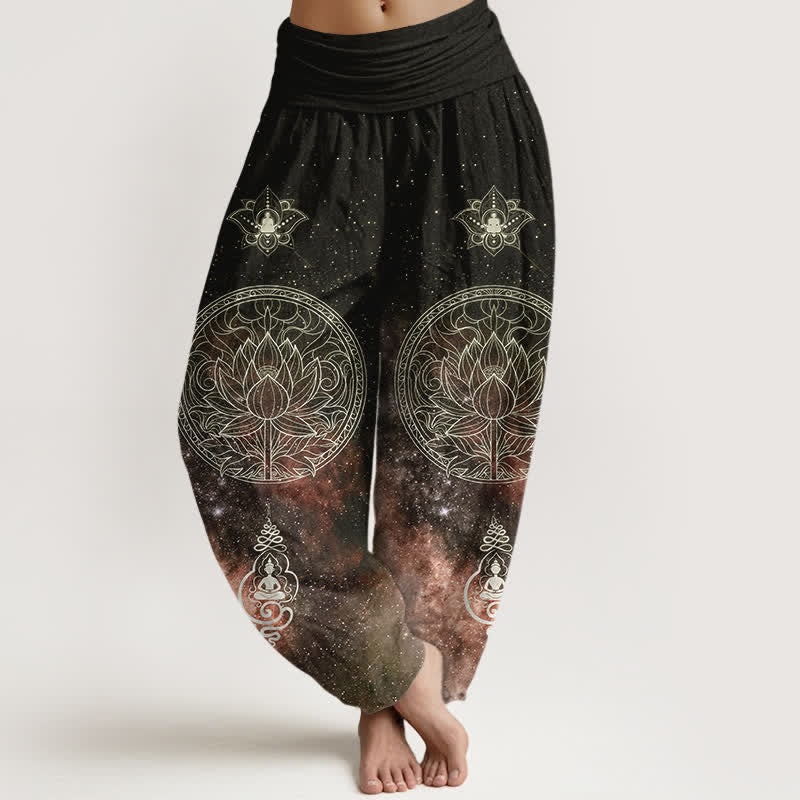 Buddha Stones Bawełniane spodnie haremki damskie z elastyczną talią i wzorem w mandalę Celestial Lotus - SaddleBrown - US16, UK/AU20, EU48 (3XL) - image 8