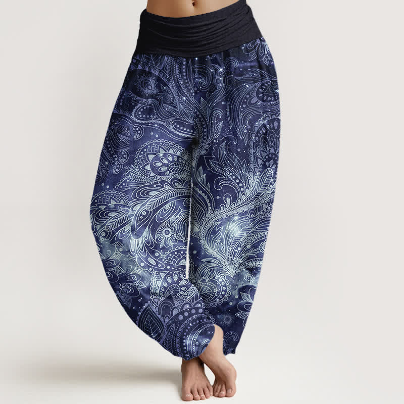 Buddha Stones Eleganckie damskie spodnie haremowe z elastycznej talii w kolorze czystej bawełny z wzorem paisley - Marynarka wojenna - US16, UK/AU20, EU48 (3XL) - image 0