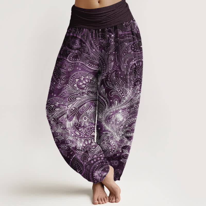 Buddha Stones Eleganckie damskie spodnie haremowe z elastycznej talii w kolorze czystej bawełny z wzorem paisley - Fioletowy - US16, UK/AU20, EU48 (3XL) - image 5