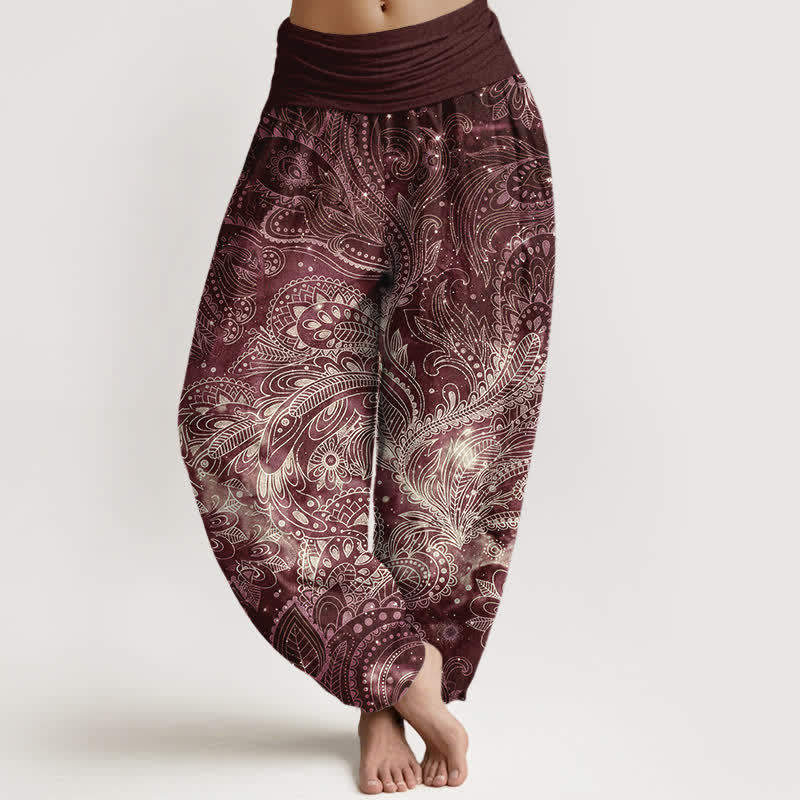 Buddha Stones Eleganckie damskie spodnie haremowe z elastycznej talii w kolorze czystej bawełny z wzorem paisley - Kasztanowaty - US16, UK/AU20, EU48 (3XL) - image 8