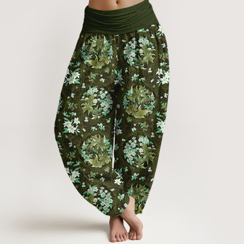 Buddha Stones Spodnie damskie typu harem z elastycznej talii z motywem kwiatowym i czystą bawełną - DarkOliveGreen - US16, UK/AU20, EU48 (3XL) - image 8
