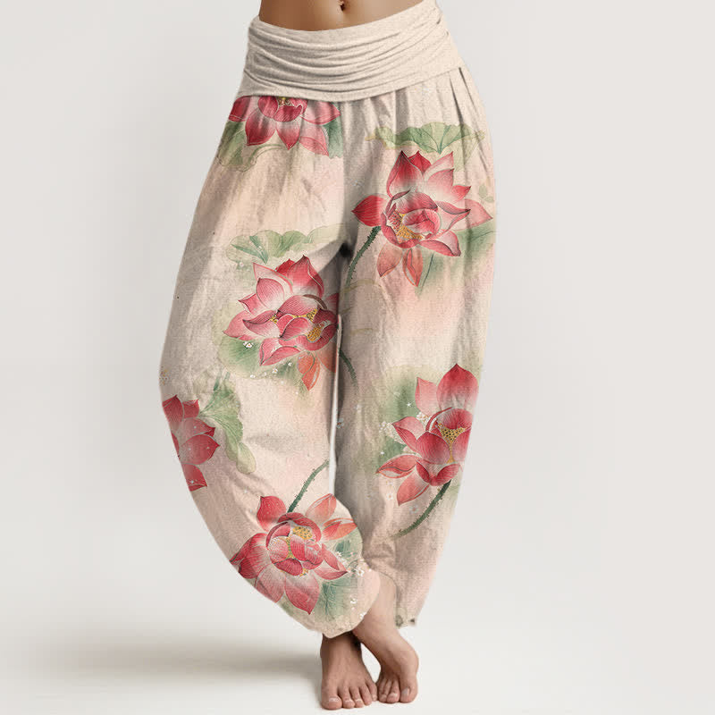 Buddha Stones Spodnie damskie typu harem z bawełny z wzorem Lotus Bloom i elastyczną talią - Bielizna - US16, UK/AU20, EU48 (3XL) - image 0