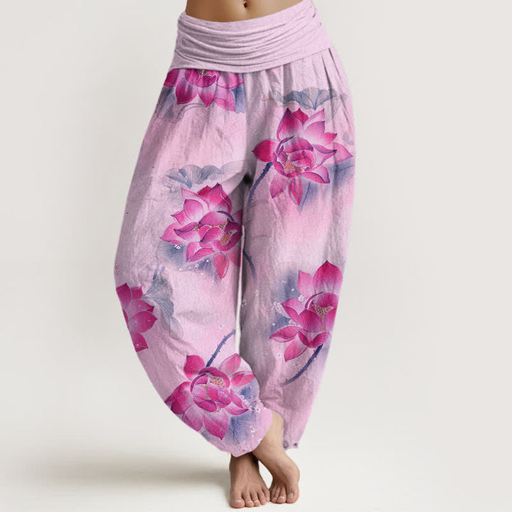 Buddha Stones Spodnie damskie typu harem z bawełny z wzorem Lotus Bloom i elastyczną talią - Śliwka - US16, UK/AU20, EU48 (3XL) - image 5