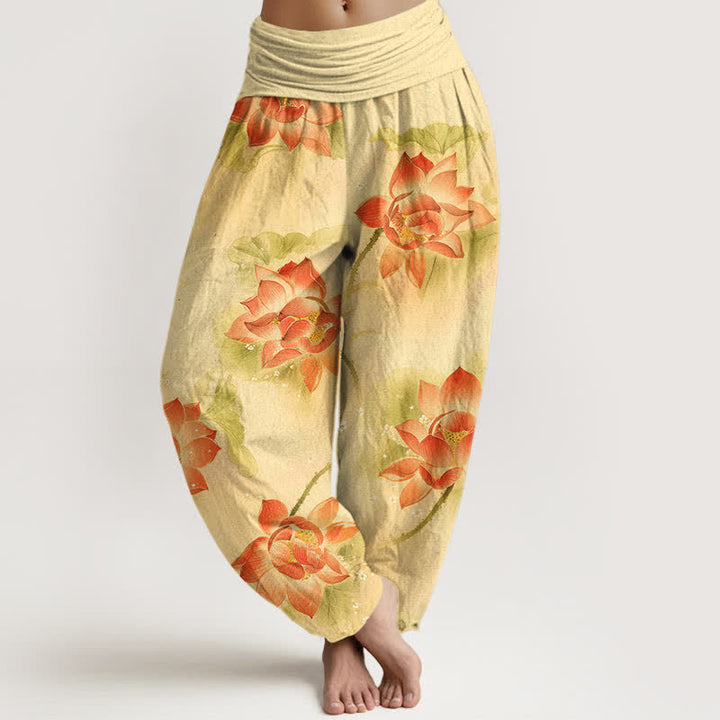 Buddha Stones Spodnie damskie typu harem z bawełny z wzorem Lotus Bloom i elastyczną talią - Cytrynowe Szyfony - US16, UK/AU20, EU48 (3XL) - image 8