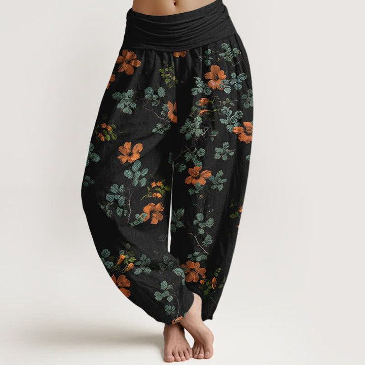 Buddha Stones Spodnie damskie typu harem z elastycznej talii, z pomarańczowym, kwiatowym wzorem w liście - Czarny - US16, UK/AU20, EU48 (3XL) - image 0