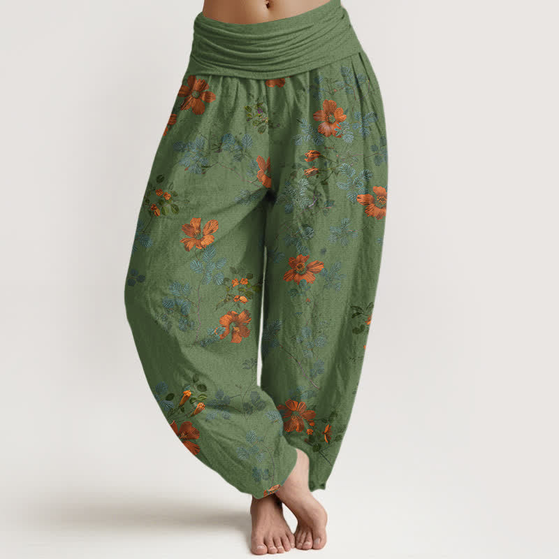 Buddha Stones Spodnie damskie typu harem z elastycznej talii, z pomarańczowym, kwiatowym wzorem w liście - DarkSeaGreen - US16, UK/AU20, EU48 (3XL) - image 8
