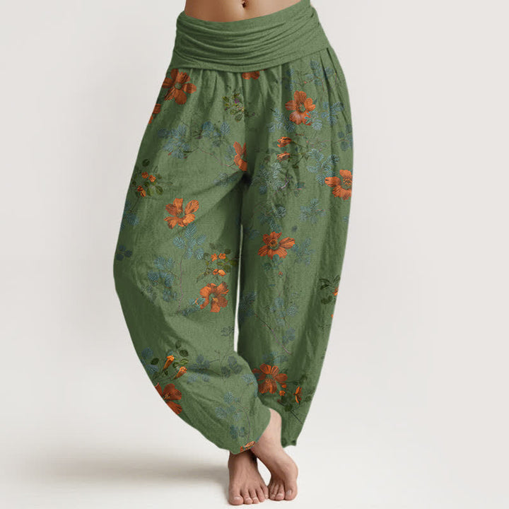 Buddha Stones Spodnie damskie typu harem z elastycznej talii, z pomarańczowym, kwiatowym wzorem w liście - DarkSeaGreen - US16, UK/AU20, EU48 (3XL) - image 8