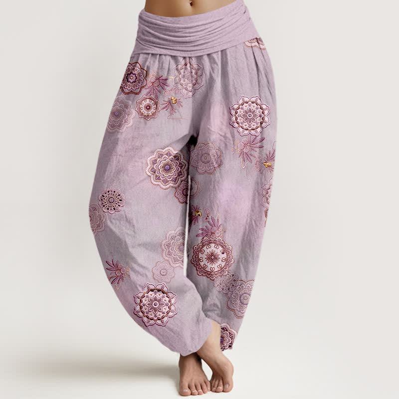 Buddha Stones Spodnie damskie typu harem z elastycznej talii z czystej bawełny z motywem mandali i kwiatów oraz liśćmi - Lawenda - US16, UK/AU20, EU48 (3XL) - image 8