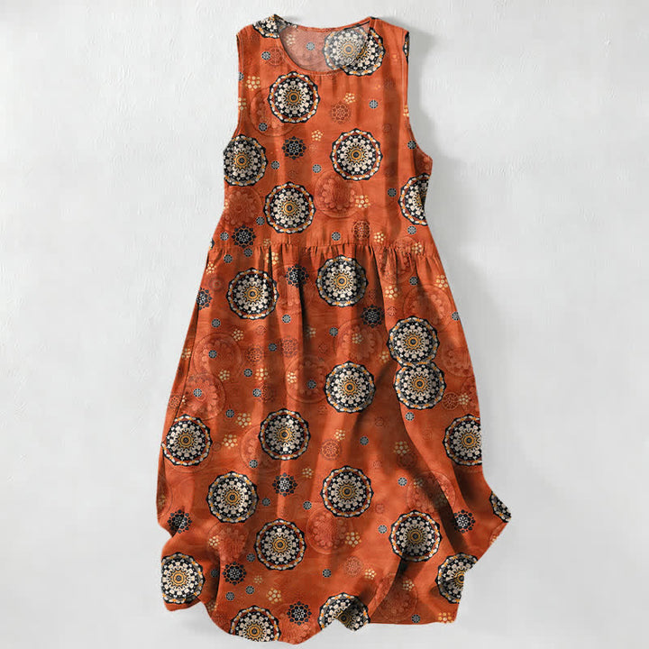 Buddha Stones Letnia, swobodna, damska sukienka midi w stylu boho z motywem medalionu i mandali, bez rękawów i kieszeniami - Ciemnopomarańczowy - US16, UK/AU20, EU48 (3XL) - image 0