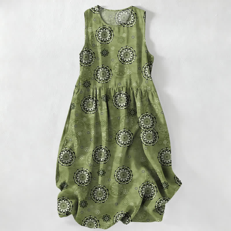 Buddha Stones Letnia, swobodna, damska sukienka midi w stylu boho z motywem medalionu i mandali, bez rękawów i kieszeniami - Oliwkowy - US16, UK/AU20, EU48 (3XL) - image 4